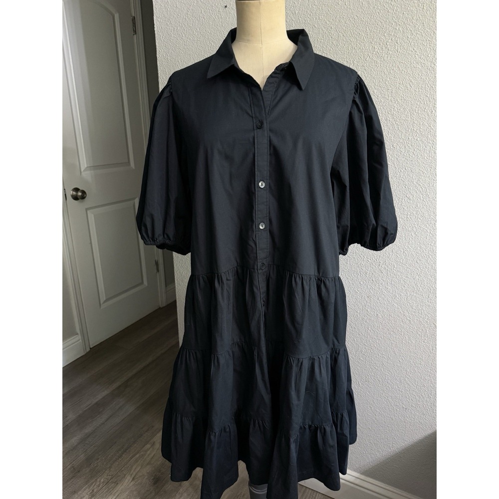 Abercrombie & Fitch Black Poplin Shirt Dress Tiered Ruffle Hem Pockets Large